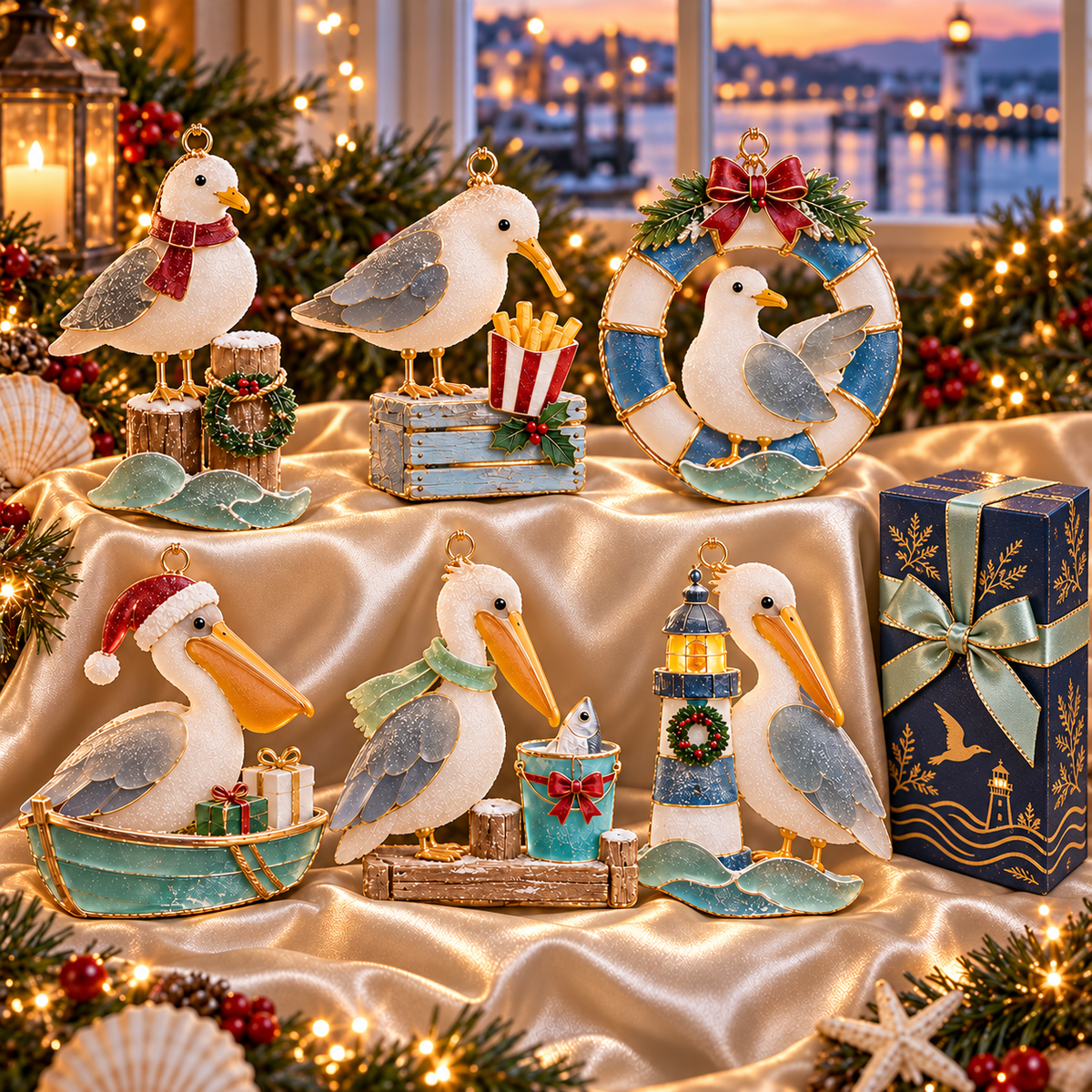 🌊 2026 Coastal Christmas Seabird Ornaments – Set of 6 Festive Seagull & Pelican Keepsakes