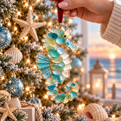 2026 Ocean Christmas Series Sea Glass Ornament Collection – Seahorse, Octopus, Jellyfish, Shark, Sea Turtle & Whale Coastal Holiday Keepsakes