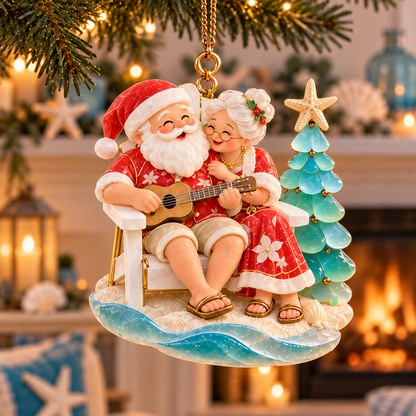 🏖️ 2026 Coastal Christmas Santa & Mrs. Claus Ornaments – Set of 6 Tropical Holiday Keepsakes