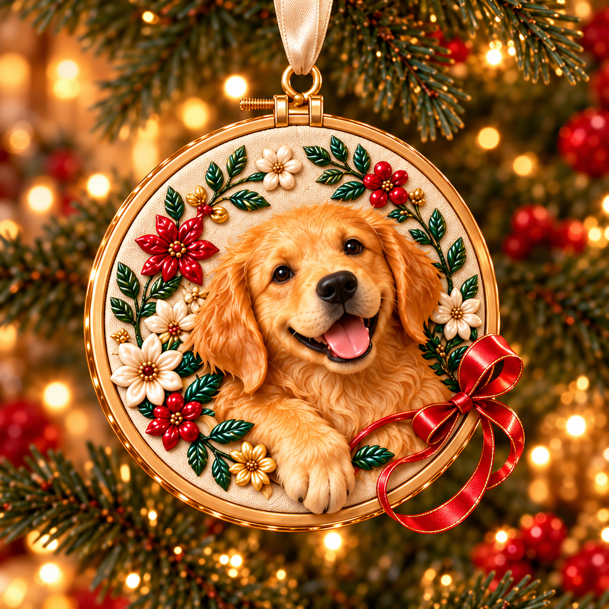Golden Retriever Sewing-Themed Christmas Ornament