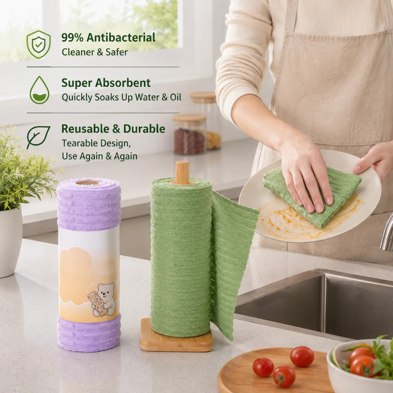 Tearable Reusable Plush Cleaning Cloth Roll, Washable Absorbent Household Cleaning Towels 🧻 - image 3