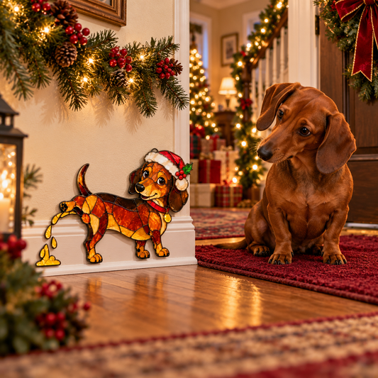 Funny Peeing Dachshund Christmas Decoration – Stained Glass-Style Sausage Dog Yard Art & Baseboard Decor