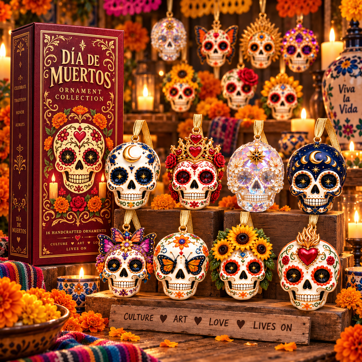 Día de Muertos Sugar Skull Ornament –  Colorful Day of the Dead Hanging Keepsake Collection, Festive Mexican-Inspired Gift for Family & Friends