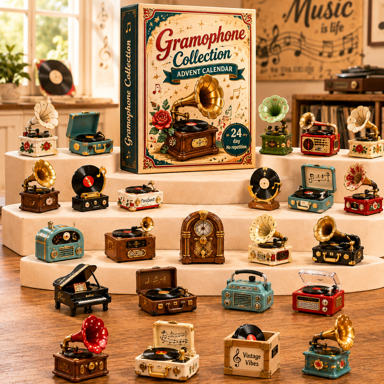 Gramophone Collection Advent Calendar 2026 – 24 Vintage Record Player & Music Miniatures, Retro Collectible Gift for Music Lovers