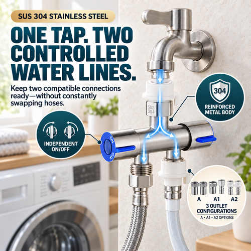 🚿 SUS 304 Dual-Control Faucet Splitter – 2-Way Hose & Washing Machine Adapter - image 1
