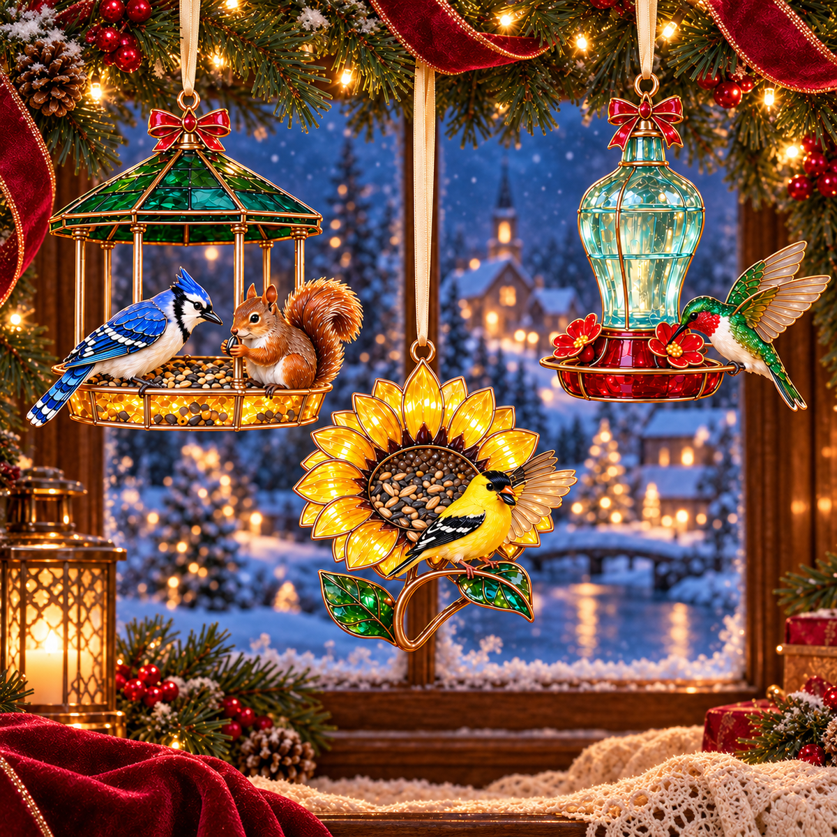 Vintage Bird Feeder Christmas Ornaments – 6-Piece Stained Glass-Style Backyard Birds Collection