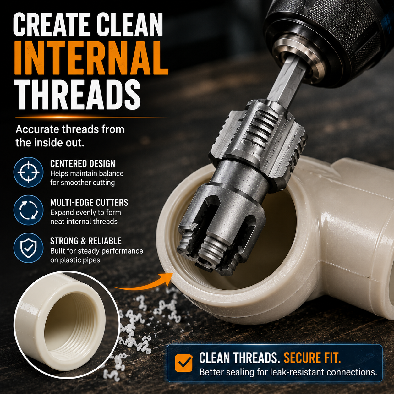 Drill-Powered Pipe Thread Cutting Bit — Internal & External Threading for 1/2" & 3/4" Plastic Pipes - image 4