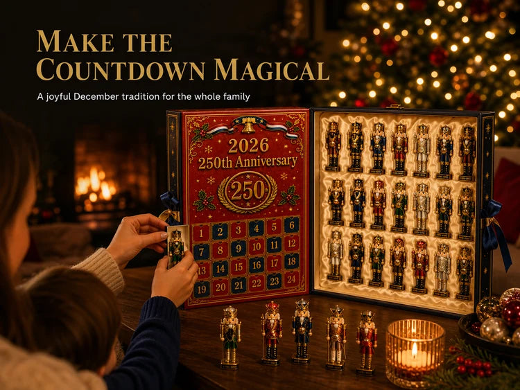 Family opening the nutcracker Christmas countdown calendar beside the tree