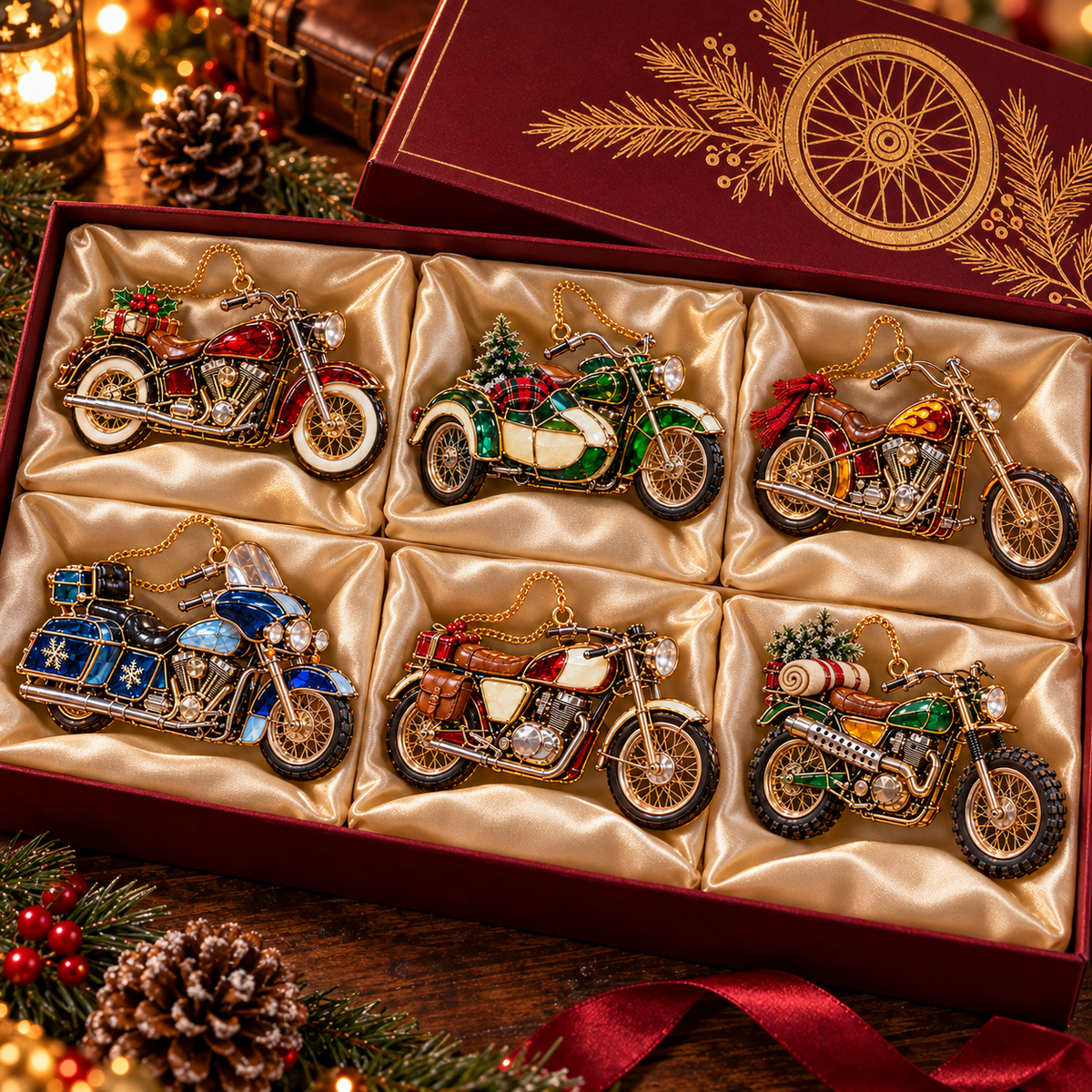 ✨ 2026 Vintage Stained Glass Motorcycle Christmas Ornaments – Set of 6 |  Retro Cruiser, Sidecar, Chopper & Adventure Motorbike Hanging Decorations | Christmas Tree Ornaments & Biker Gifts