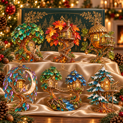 ✨ 2026 Enchanted Stained Glass Treehouse Christmas Ornaments – Set of 6 |  Fairy Tree Houses, Autumn Maple, Acorn Cottage & Moonlight Willow Hanging Decorations | Magical Christmas Tree Ornaments & Fairy Garden Gifts