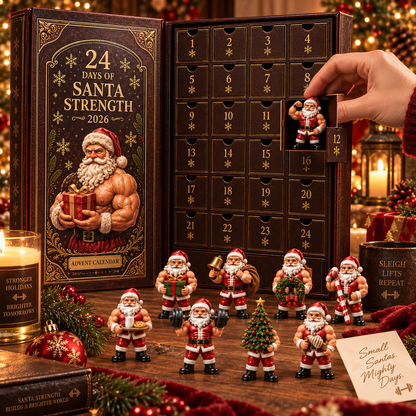 2026 Santa Strength 24-Day Countdown Calendar – 24 Unique Muscular Santa Miniatures, Funny Fitness Christmas Collectible Gift for Gym & Santa Lovers