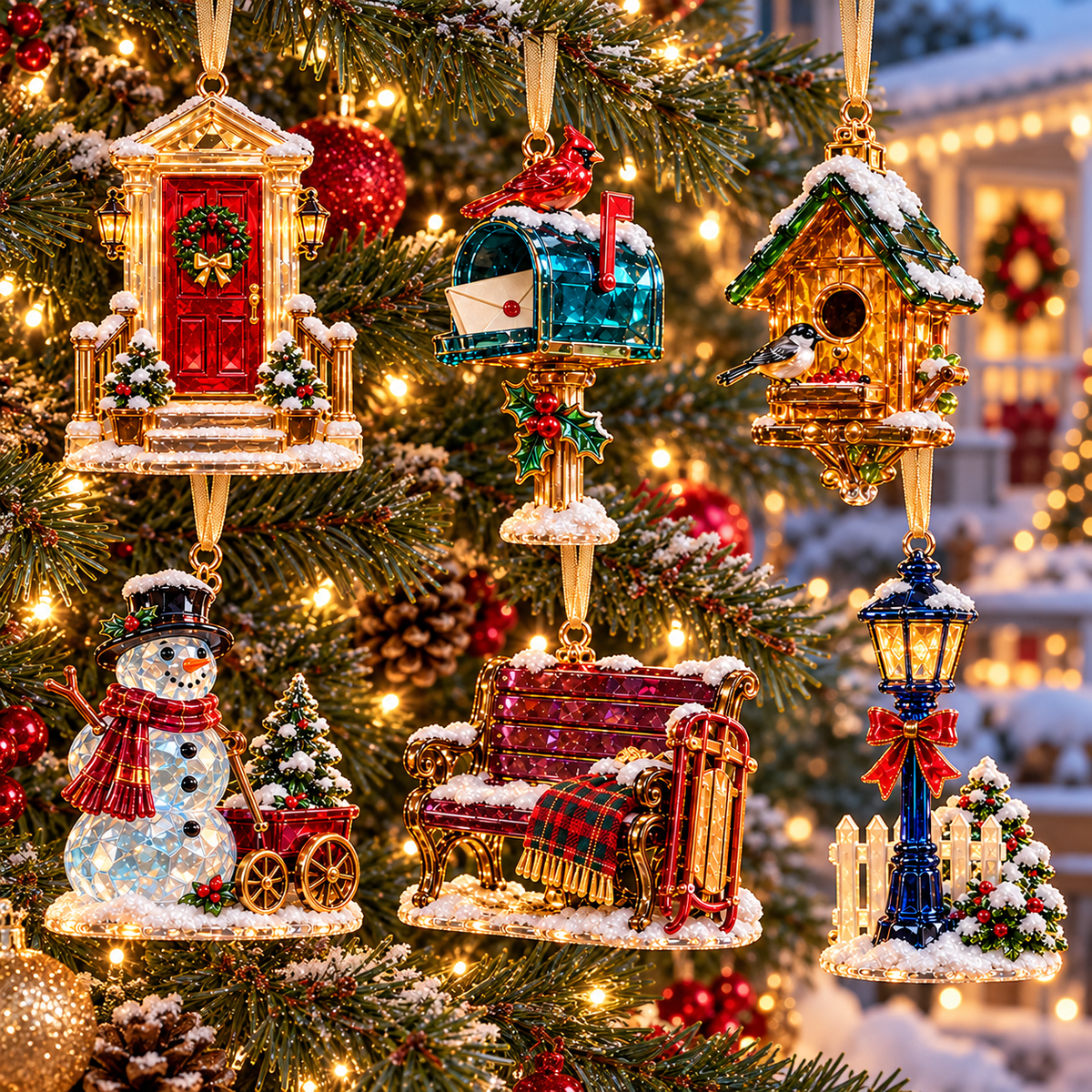 Six vintage winter scene Christmas ornaments hanging on a warm Christmas tree