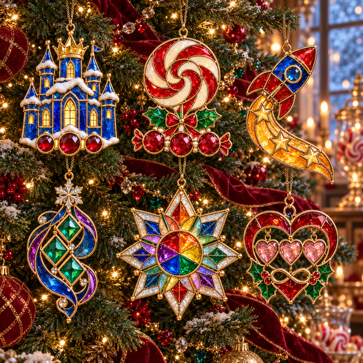 ✨ 2026 Magical Stained Glass Christmas Ornaments – Set of 6 |  Crystal Castle, Candy, Rocket, Rainbow Star & Heart Hanging Decorations | Colorful Christmas Tree Ornaments & Holiday Gifts