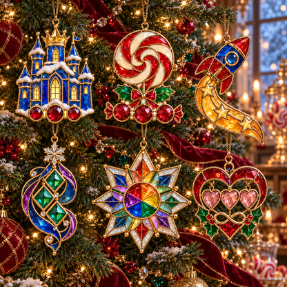 ✨ 2026 Magical Stained Glass Christmas Ornaments – Set of 6 |  Crystal Castle, Candy, Rocket, Rainbow Star & Heart Hanging Decorations | Colorful Christmas Tree Ornaments & Holiday Gifts