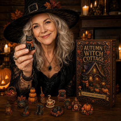 Autumn Witch Cottage Advent Calendar 2026 – 24 Cozy Witchy Miniatures, Black Cat Collectibles & Magical Fall Cottage Surprises, Acrylic Charms Blind Box