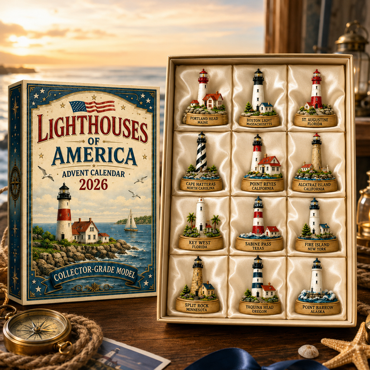 Lighthouses of America Advent Calendar 2026 – 24-Day Coastal Heritage Countdown, Collector-Grade Lighthouse Miniatures, Acrylic Charms Blind Box