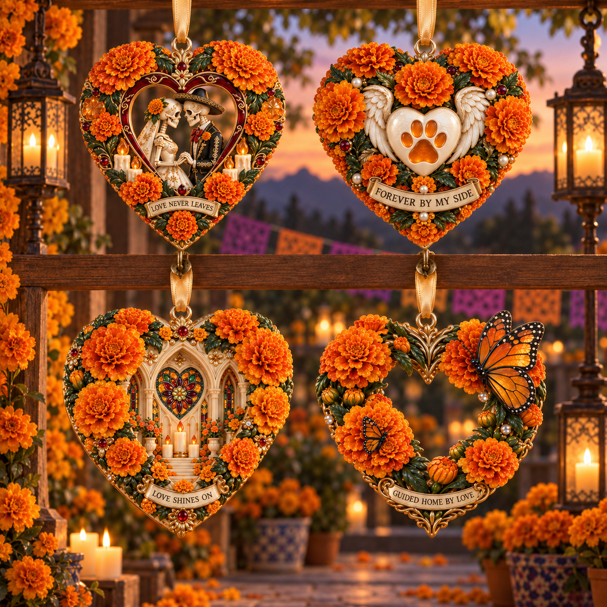 Día de Muertos Marigold Heart Ornaments –  “Forever in Our Hearts” Memorial Keepsake Collection