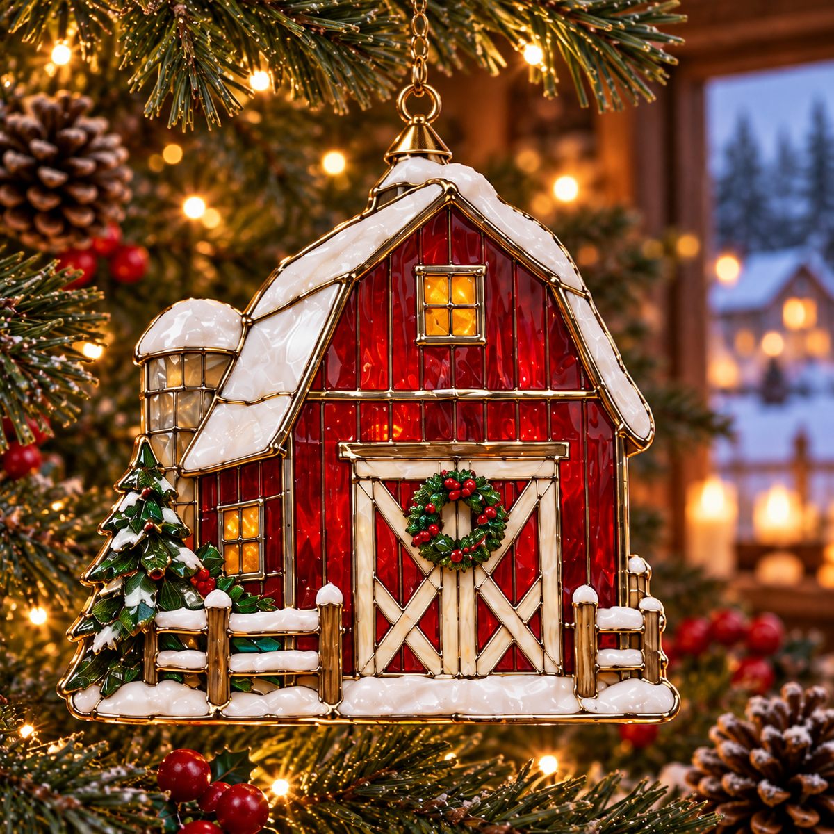 Country Christmas Charm – 6-Piece Vintage Stained Glass–Style Ornament Set