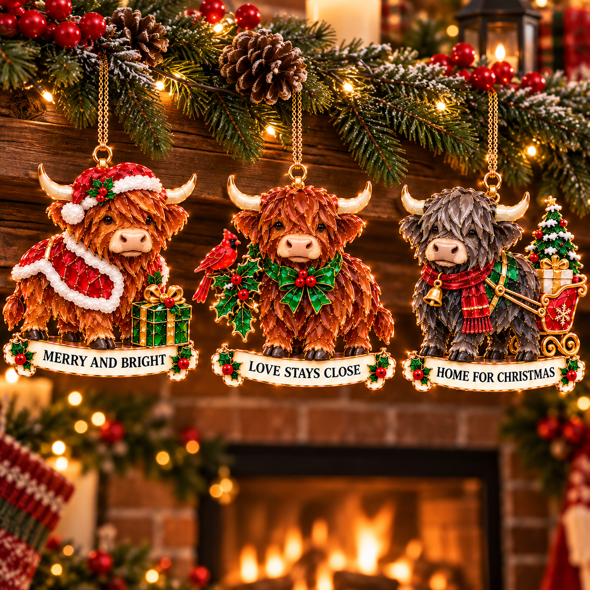 2026 Highland Cow Christmas Ornaments – 6 Festive Designs with Stained-Glass Charm & Heartwarming Wishes