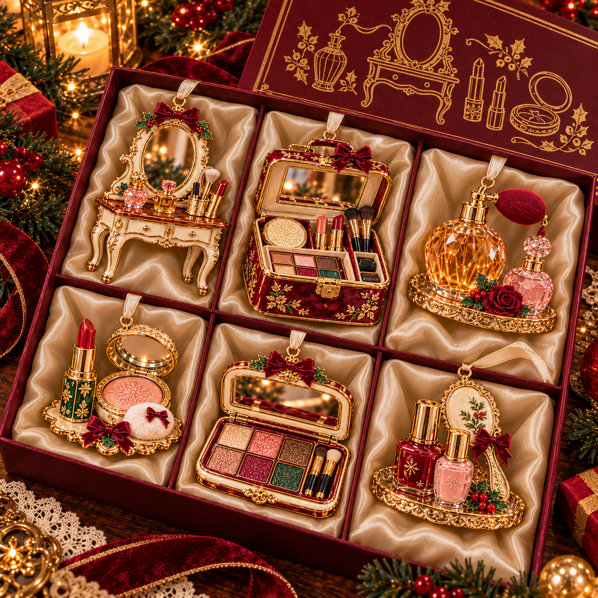 Vintage Glamour Christmas Ornaments – 6 Elegant Makeup & Beauty-Themed Holiday Decorations | Perfect Christmas Gifts for Makeup Lovers & Beauty Enthusiasts 🎄💄✨