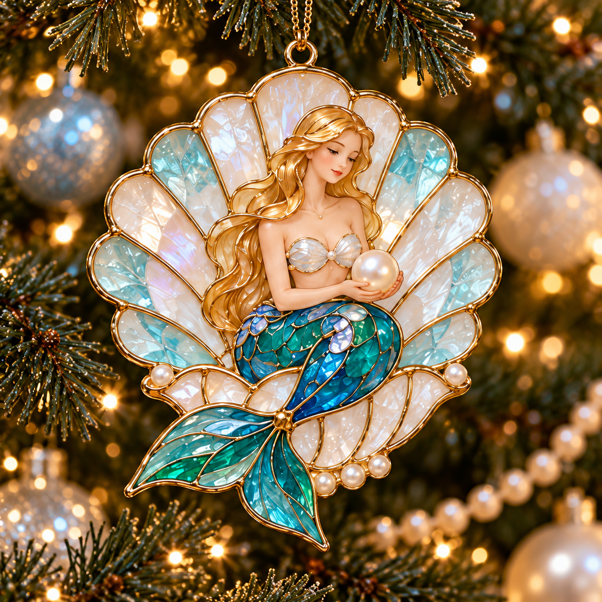 Ocean Enchantment – Vintage Stained-Glass Style Mermaid Christmas Ornaments, Set of 6