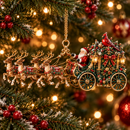 Santa’s Magical Christmas Journey – 6-Piece Vintage Reindeer Sleigh & Carriage Ornament Collection | Christmas Tree Decorations & Holiday Gifts