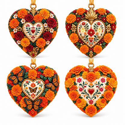 Día de Muertos Marigold Heart Ornament  – Floral Hanging Keepsake Collection, Meaningful Day of the Dead Gift for Family & Loved Ones