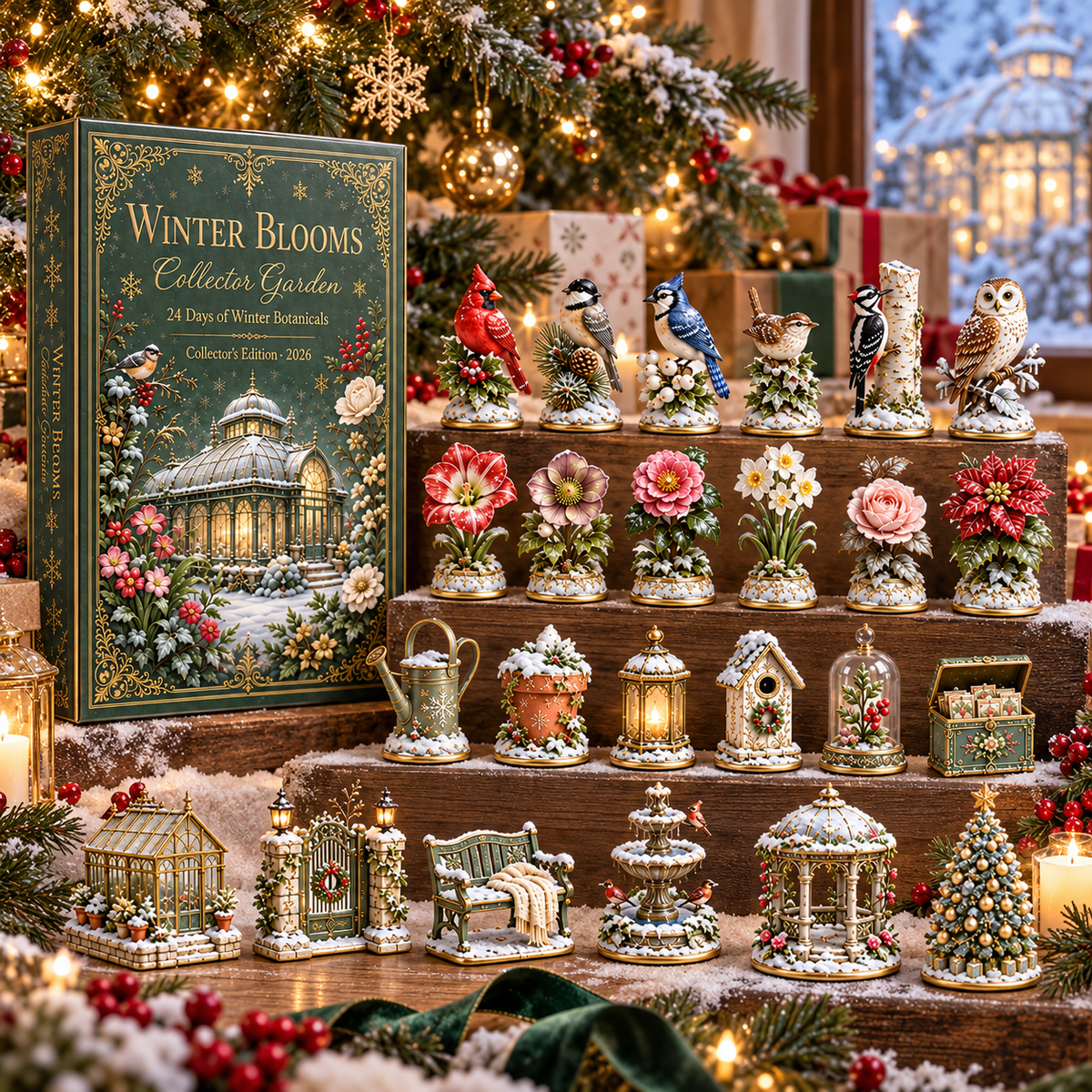 2026 Winter Blooms Collector Garden 24-Day Countdown Calendar – 24 Unique Winter Birds, Flowers & Garden Miniatures, Elegant Botanical Christmas Gift