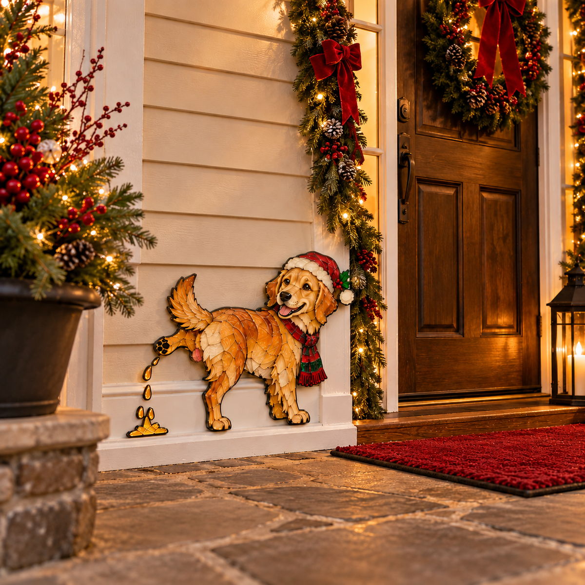 Funny Peeing Golden Retriever Christmas Decoration – Stained Glass-Style Dog Yard Art & Baseboard Decor