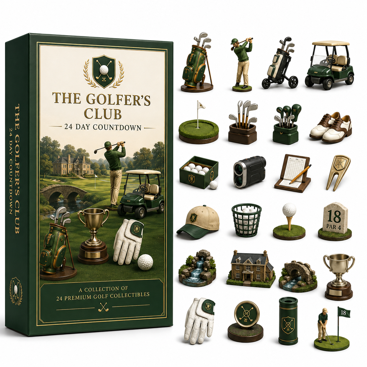 Golf advent calendar and complete 24 piece collectible set on white background