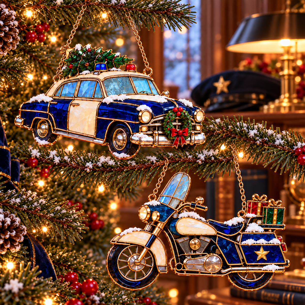 ✨ 2026 Police Christmas Ornaments – Set of 6 | Vintage Stained Glass Police Car, K9 Dog, Motorcycle & Badge Hanging Decorations | Law Enforcement Christmas Tree Ornaments & Gifts for Police Officers