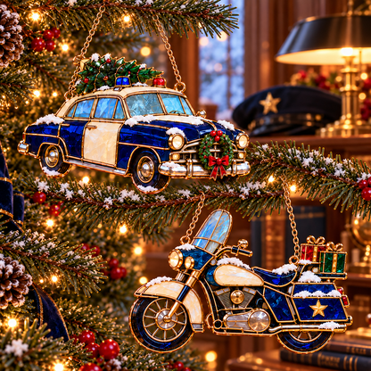 ✨ 2026 Police Christmas Ornaments – Set of 6 | Vintage Stained Glass Police Car, K9 Dog, Motorcycle & Badge Hanging Decorations | Law Enforcement Christmas Tree Ornaments & Gifts for Police Officers