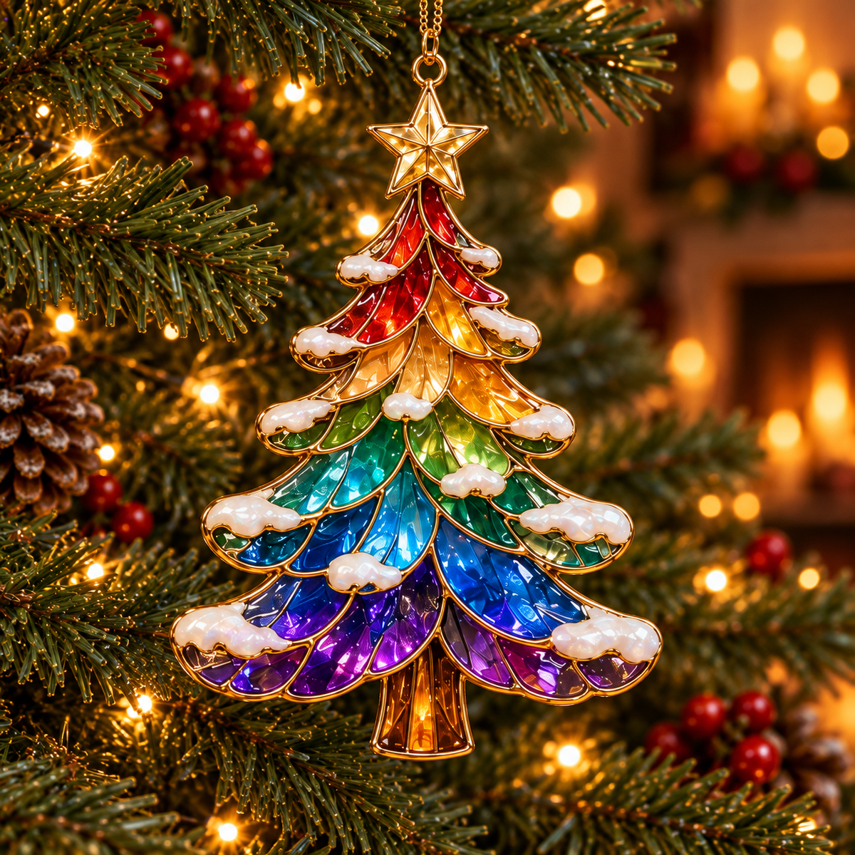 🎄 2026 Magical Rainbow Stained Glass Christmas Ornaments – Set of 6 | Rainbow, Butterfly, Crescent Moon, Hummingbird, Angel Wings Heart & Christmas Tree Hanging Decorations | Colorful Holiday Gifts
