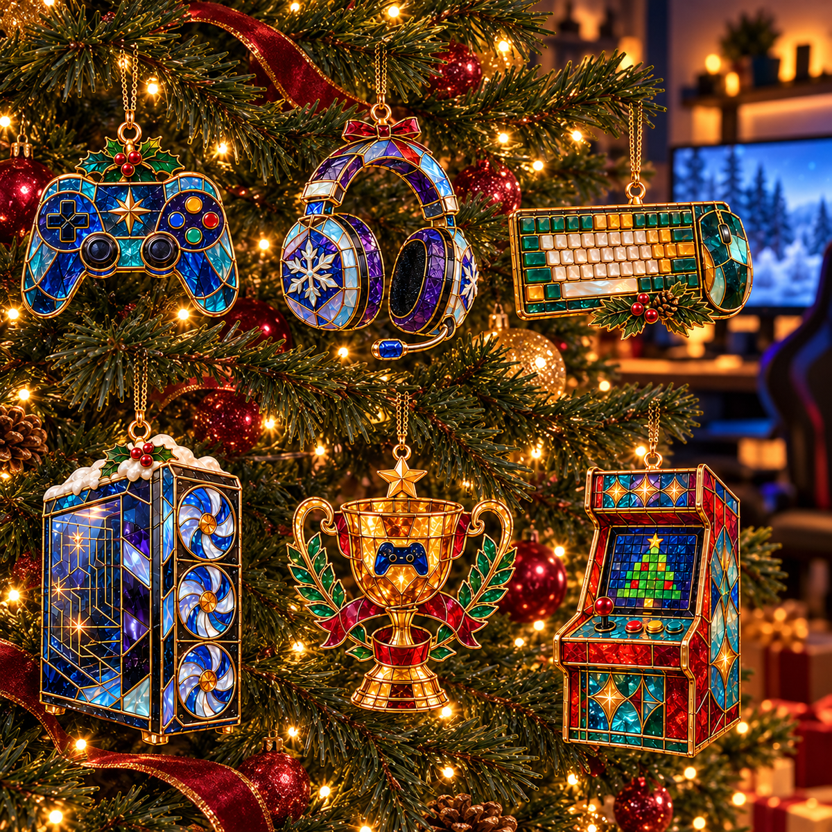 Level Up Your Christmas – 6-Piece Vintage Stained Glass Gaming Ornament Set