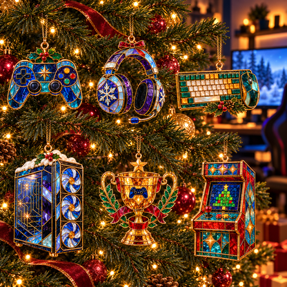Level Up Your Christmas – 6-Piece Vintage Stained Glass Gaming Ornament Set