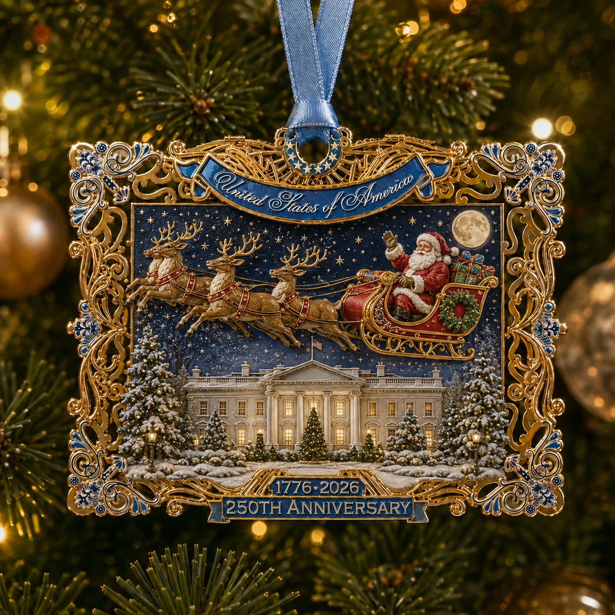 250th Anniversary Christmas Ornament 2026 – USA Heritage Santa Sleigh Collectible | Limited-Edition Patriotic Holiday Tree Decor