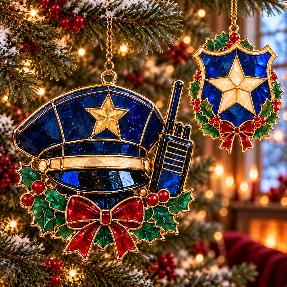 Festive police officer hat and radio Christmas ornament