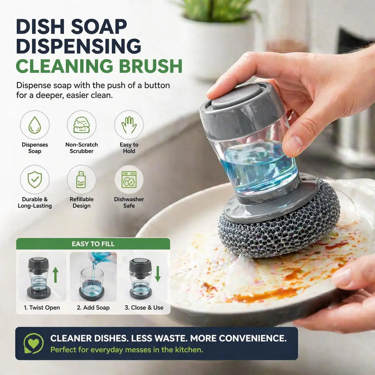 Plastic Auto-Dispense Dish Brush - Multifunctional Pot Scrubber🧼 - image 3