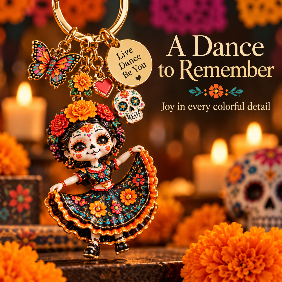 2026 Día de Muertos Keepsake Keychains – 4 Colorful Designs with Remembrance Cards