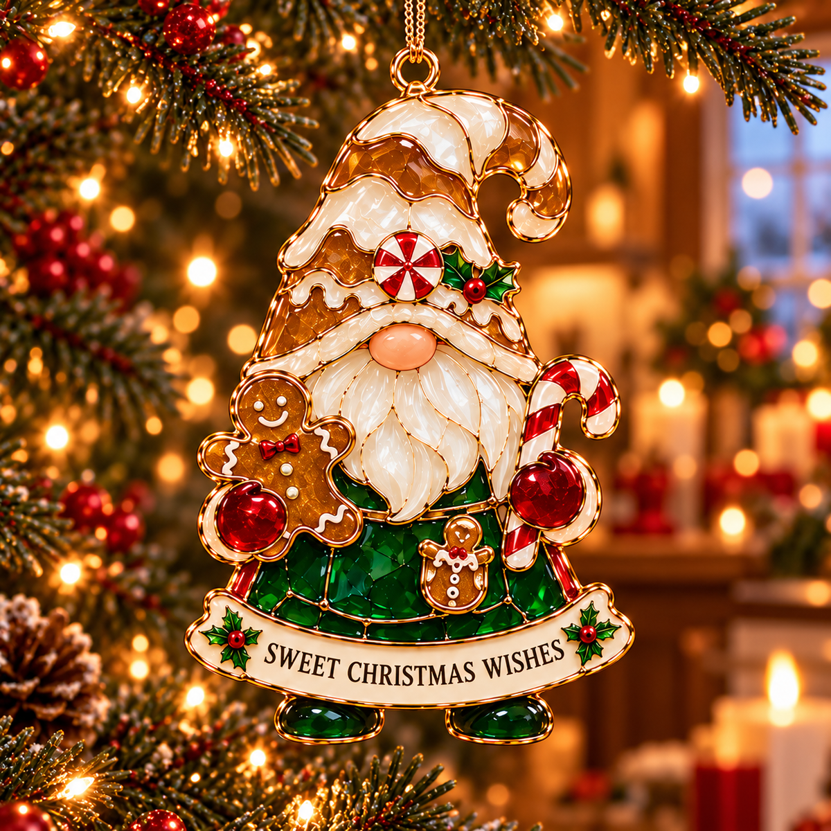 Gnome for the Holidays – 6-Piece Stained Glass–Style Christmas Ornament Set with Heartwarming Wishes