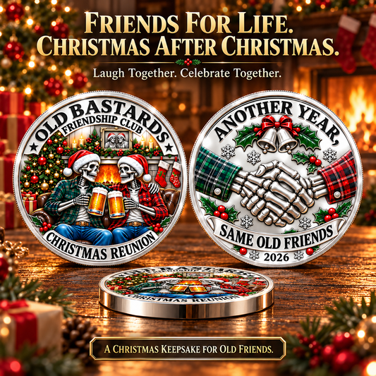2026 Old Bastards Friendship Club Christmas Coin – Double-Sided Silver-Tone Keepsake for Lifelong Friends