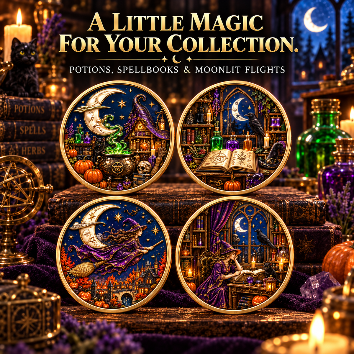 2026 Enchanted Halloween Collectible Coins – 8 Double-Sided Designs with Witches, Ghosts & Moonlit Villages