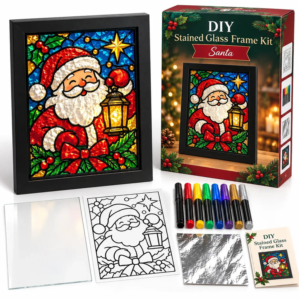 🎄Beginner-Friendly Christmas Stained Glass-Style Frame Kit | 8 Festive Designs with Pens, Foil & Frame ✨