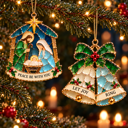 Christmas Wishes — 6-Piece Stained Glass–Style Ornament Set with Heartfelt Blessings