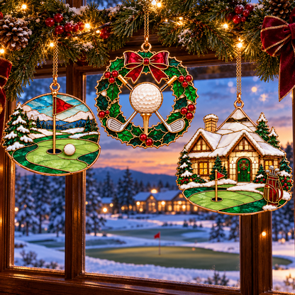 Tee Up the Holidays – Vintage Stained Glass-Style Golf Christmas Ornaments, 6-Piece Set