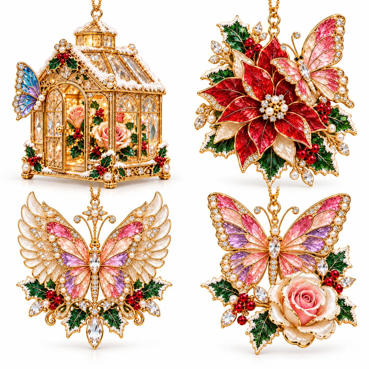 Butterfly Christmas Ornament  –  Elegant Holiday Keepsake Collection, Poinsettia & Rose Christmas Gift for Mom, Grandma & Butterfly Lovers