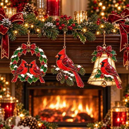Cardinals of Christmas – Vintage Stained Glass-Style Ornaments, Set of 6