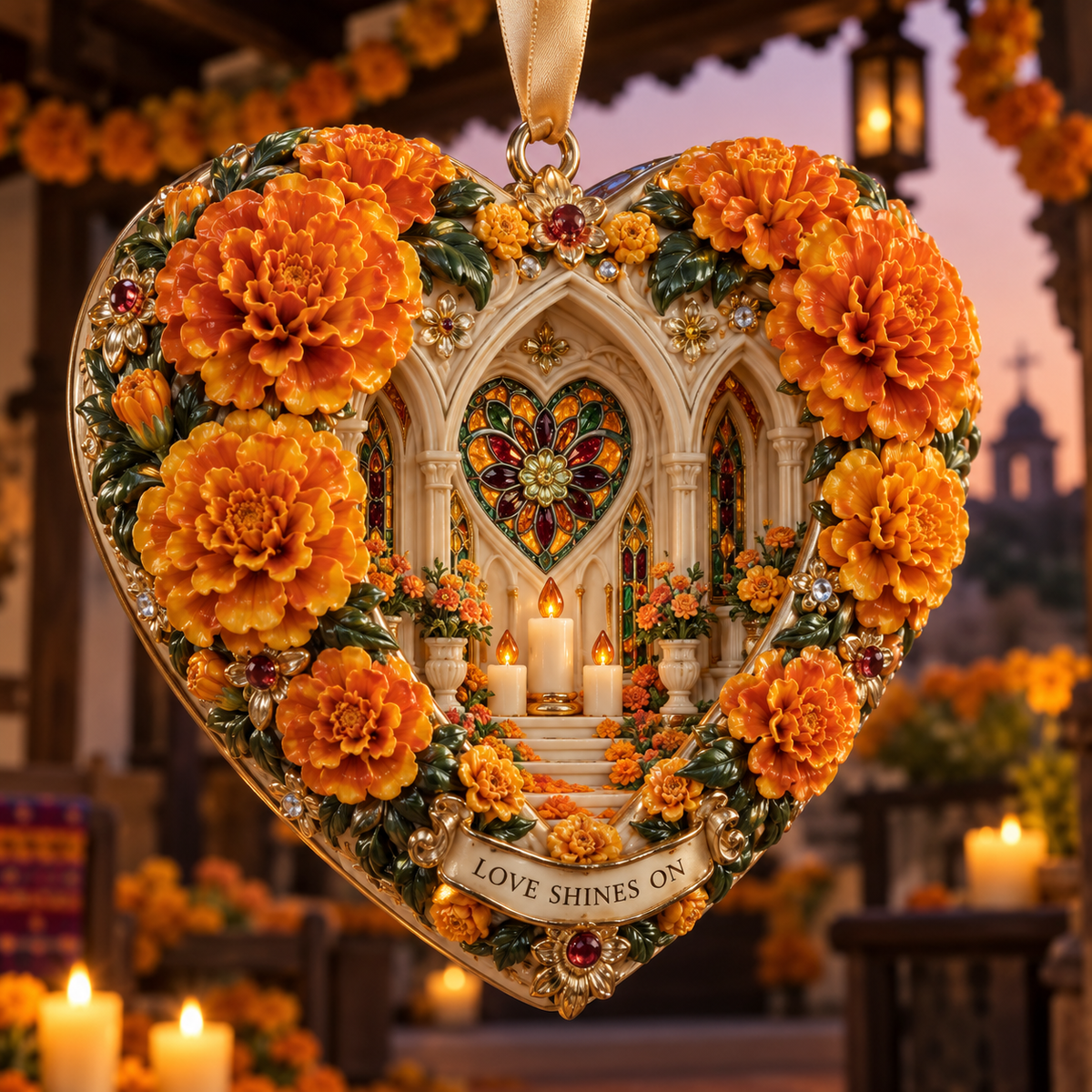 Día de Muertos Marigold Heart Ornaments –  “Forever in Our Hearts” Memorial Keepsake Collection