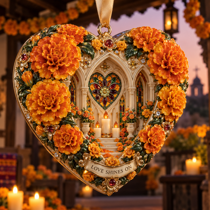 Día de Muertos Marigold Heart Ornaments –  “Forever in Our Hearts” Memorial Keepsake Collection