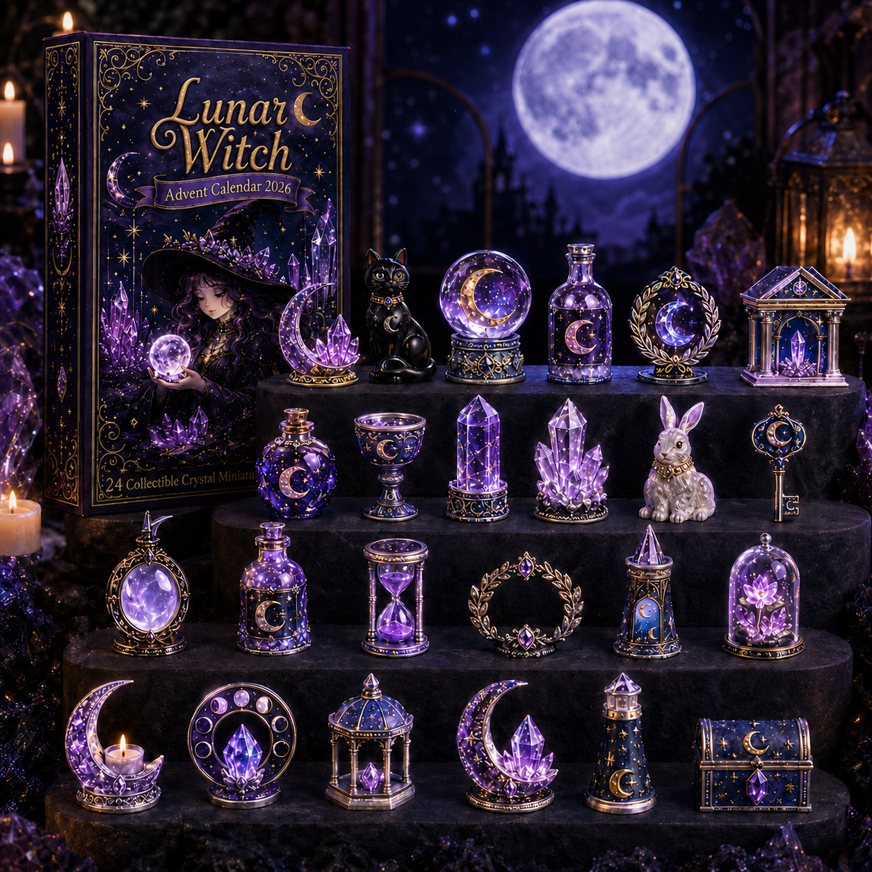 Lunar Witch Advent Calendar 2026 – 24 Enchanted Crystal Miniatures for a Magical Moonlit Countdown